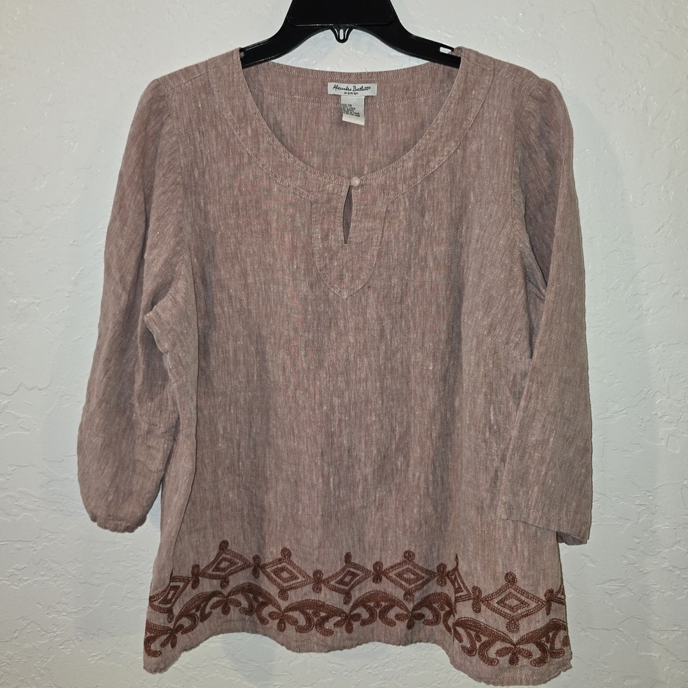 Alexandra Bartlett Red Linen Tunic Shirt Women's 1X 3/4 Sleeves embroidered Hem